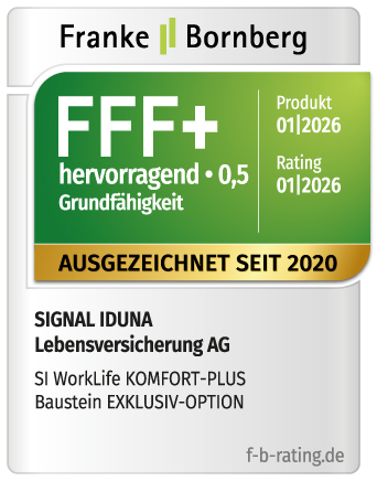 Ein Franke & Bornberg Siegel für die SI WorkLife KOMFORT-PLUS mit der Bewertungsklasse FFF+ hervorragend, Stand 01/2026.