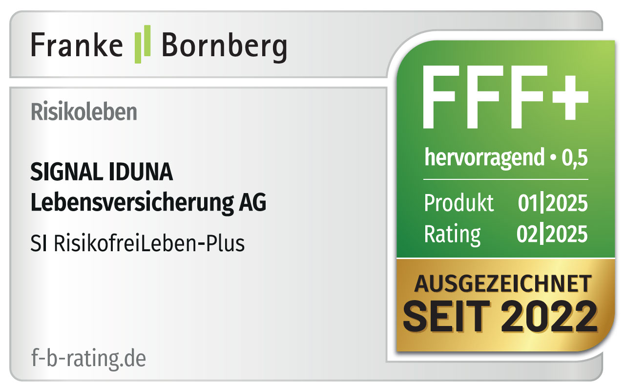 Ein Franke & Bornberg Siegel für die SI RisikofreiLeben-Plus mit der Bewertungsklasse FFF+ hervorragend, Stand 02/2025, ausgezeichnet seit 2022.