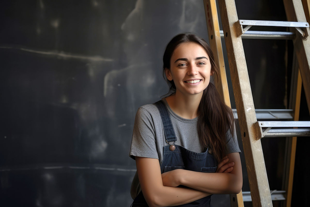 Junge Frau im Handwerk steht vor einer schwarzen Wand und lehnt sich an die Leiter.