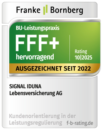 Ein Franke & Bornberg Siegel für die SIGNAL IDUNA Lebensversicherung AG mit der Bewertungsklasse FFF+ hervorragend, Stand 10/2025 mit der Auszeichnung seit 2022.