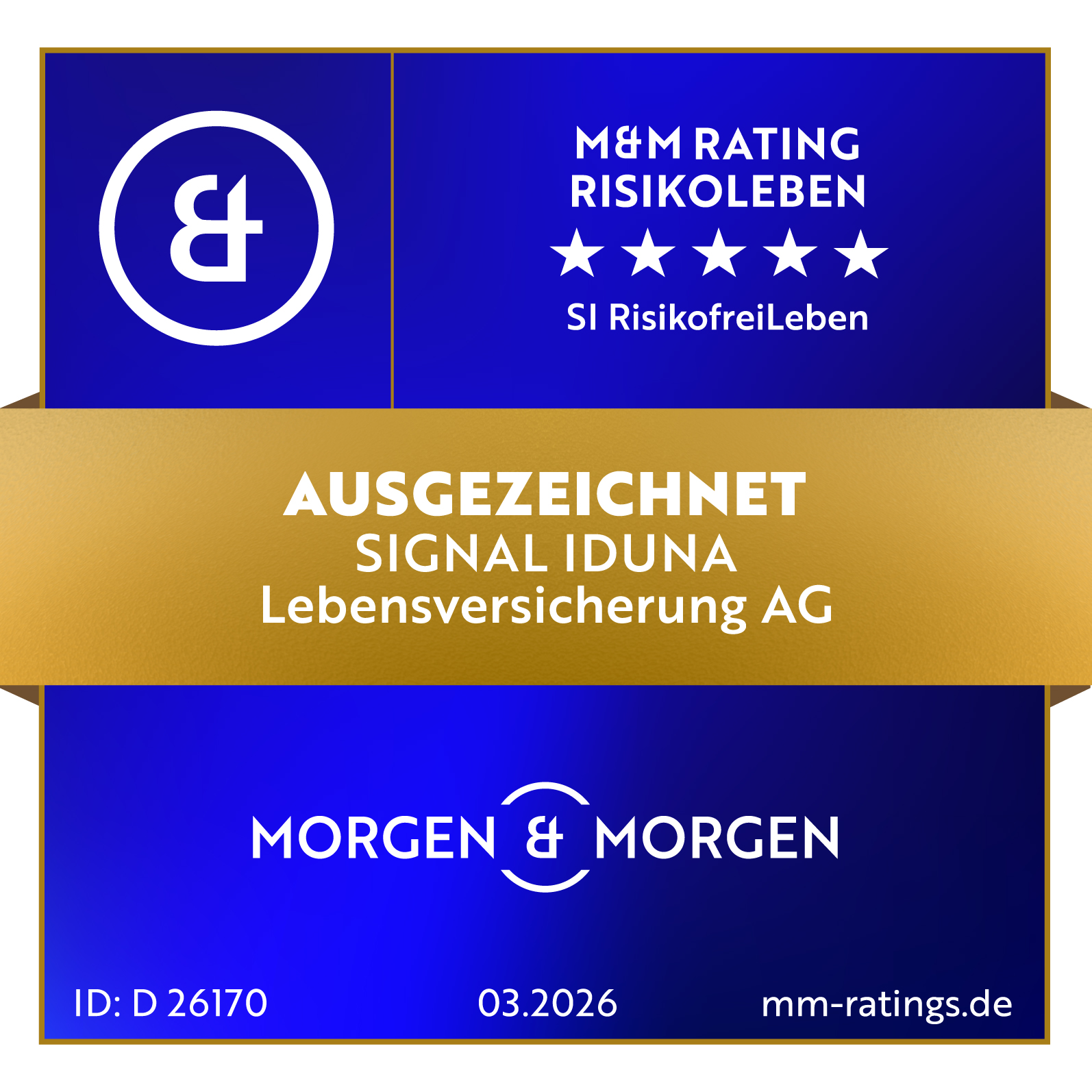 Ein M&M Rating Siegel im Bereich Risikoleben für die SI RisikofreiLeben mit der Bewertung Ausgezeichnet.