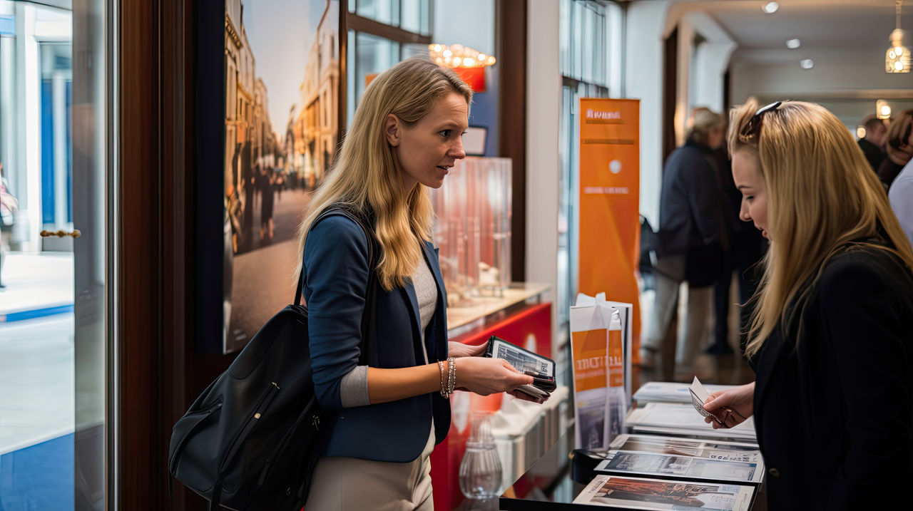 Eine lächelnde Frau auf einer Buchmesse.