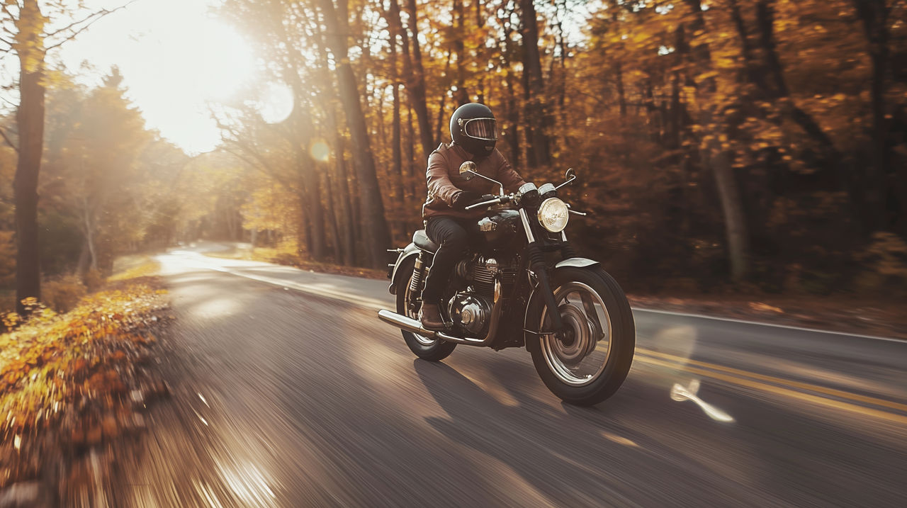 Ein Motorradfahrer auf einer Landstraße im Herbst.