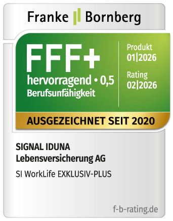 Ein Franke & Bornberg Siegel für die SI WorkLife EXKLUSIV-PLUS mit der Bewertungsklasse FFF+ hervorragend, Stand 02/2026