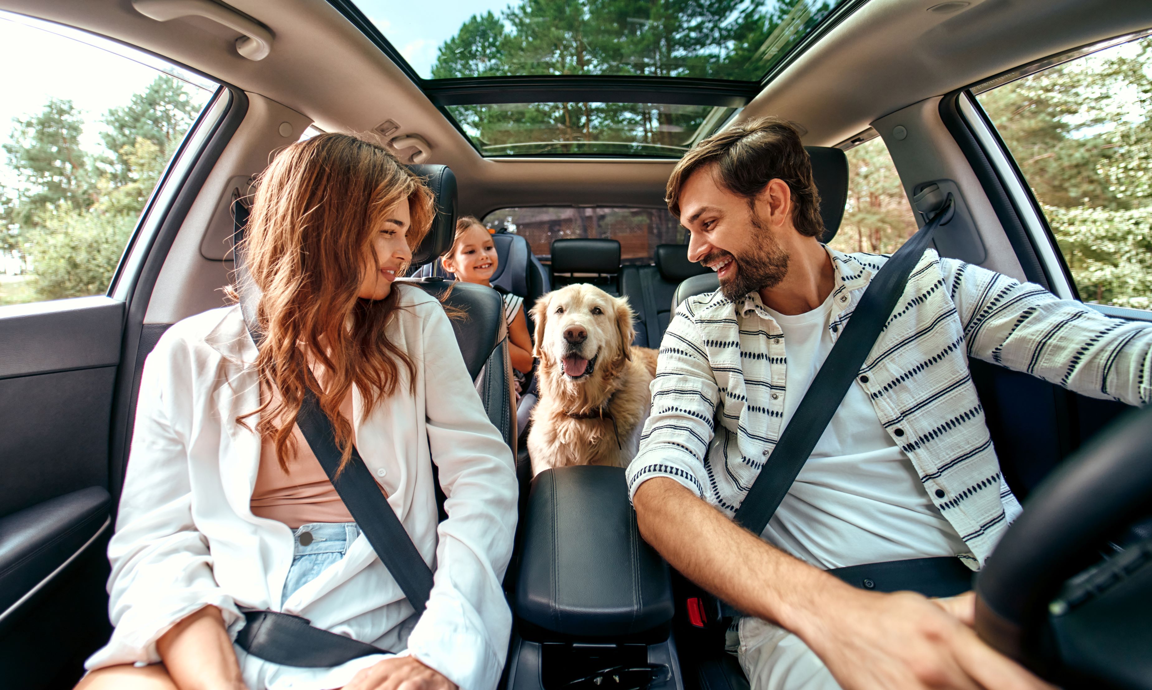 Eine junge Familie sitzt mit Hund in einem Auto.