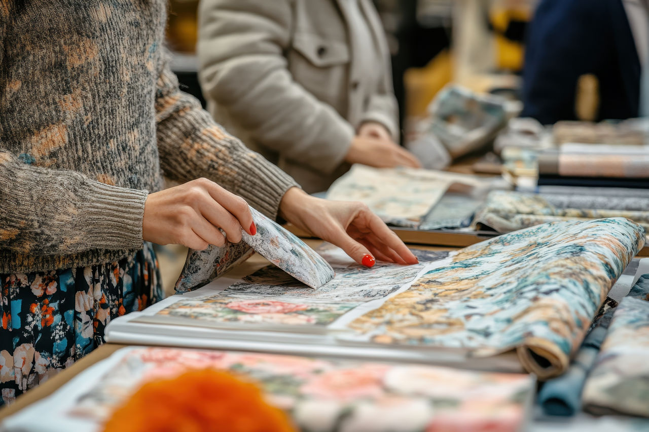 Eine Person stöbert auf einem Markt durch farbenfrohe Stoffmuster, umgeben von lebendigen Textilausstellungen und kreativen Designs.