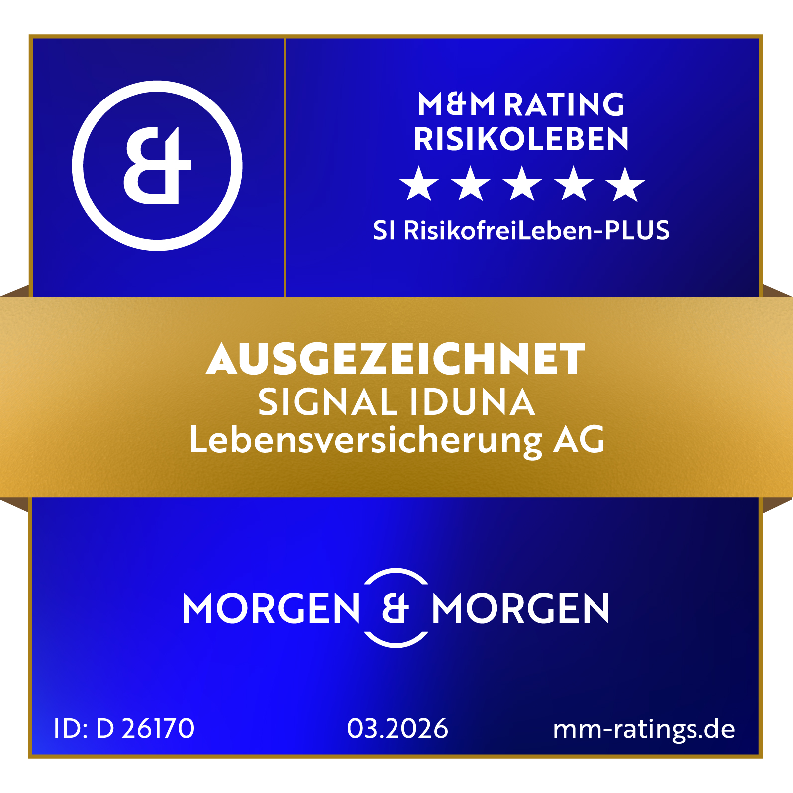 Ein M&M Rating Siegel im Bereich Risikoleben für die SI RisikofreiLeben-PLUS mit der Bewertung Ausgezeichnet.