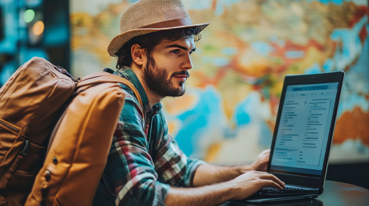 Ein Tourist sitzt mit seinem Reisegepäck und Laptop in einem Café.